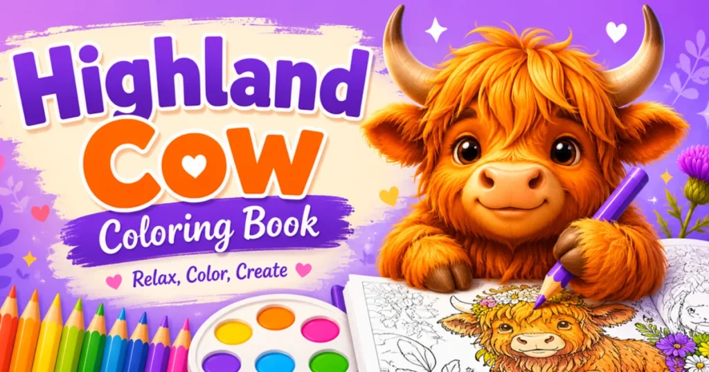 Highland Cow Coloring Book game with a cute orange Highland cow and colored pencils
